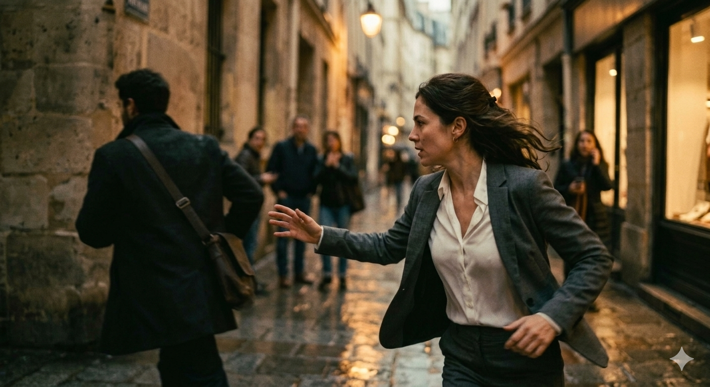 A woman on a cobblestone European street reaching toward a stranger