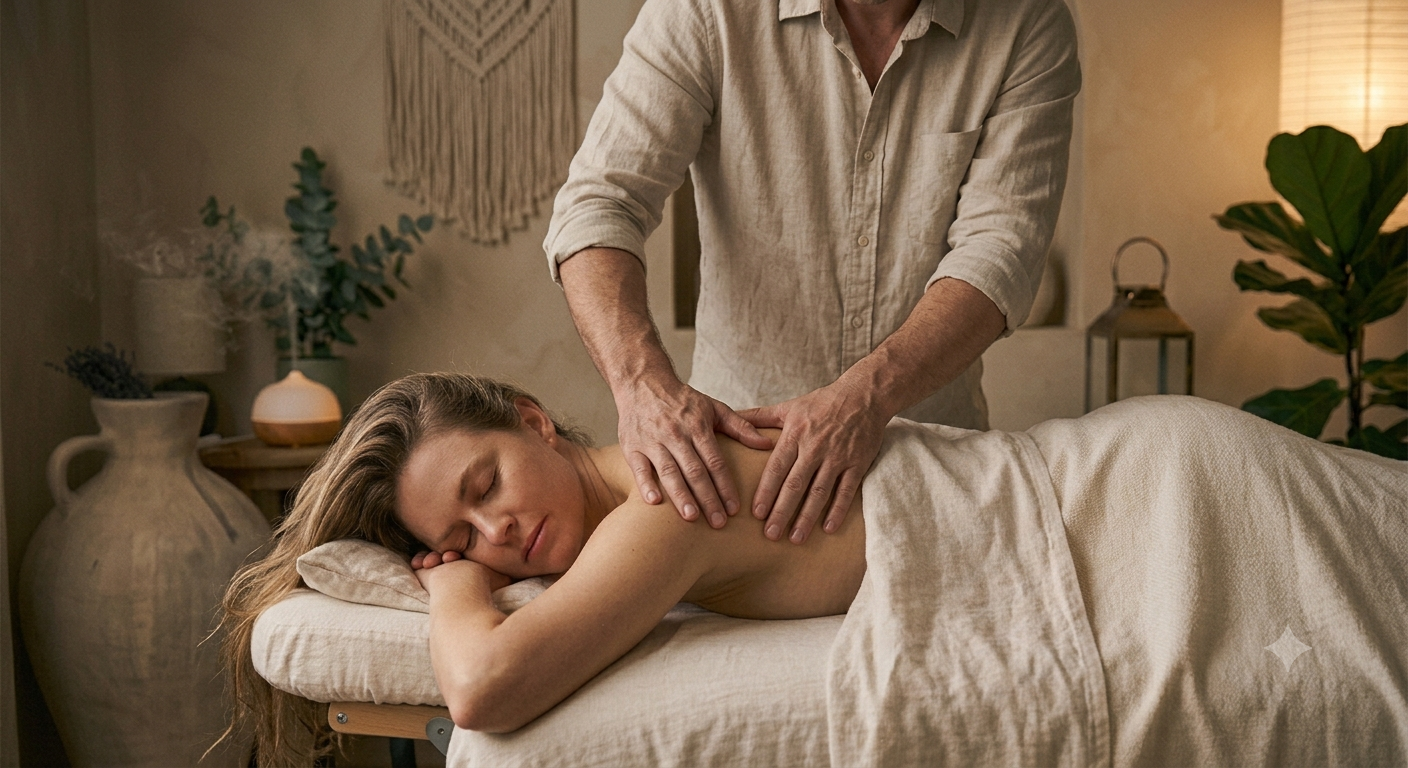 A woman receiving a therapeutic massage in a warm, plant-filled spa setting